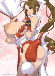 Rule 34 | 1girl, absurdres, ass, bare shoulders, between buttocks, breasts, breasts out, brown eyes, brown hair, fatal fury, glands of montgomery, hand fan, highres, huge ass, huge breasts, kotoyoshi yumisuke, large areolae, lips, long hair, looking at viewer, nipples, parted lips, ponytail, puffy nipples, shiranui mai, signature, smile, solo, the king of fighters, thick thighs, thighs, very long hair