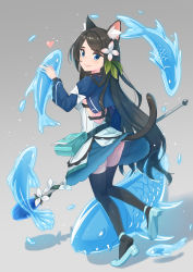 Rule 34 | 1girl, aina (mao lian), animal ear fluff, animal ears, black hair, blue eyes, bow, breasts, cat ears, cat tail, choker, dress, fish, flower, grey background, hair bow, hair flower, hair ornament, highres, holding, holding staff, jewelry, lifted by tail, long hair, looking at viewer, looking back, mao lian (nekokao), medium breasts, original, pendant, solo, staff, swept bangs, tail, thighhighs