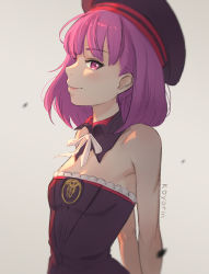 Rule 34 | 1girl, arms behind back, artist name, bare arms, bare shoulders, beret, black detached collar, black dress, black hat, blurry, blush, bow, bowtie, breasts, closed mouth, depth of field, detached collar, dress, fate/grand order, fate (series), female focus, from side, grey background, hat, helena blavatsky (fate), koyorin, lips, looking at viewer, looking to the side, neck, purple eyes, purple hair, short hair, simple background, sketch, small breasts, smile, solo, strapless, strapless dress, type-moon, upper body, white bow, white bowtie