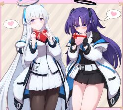 Rule 34 | 2girls, afrody, black gloves, black pantyhose, black skirt, blue archive, blue necktie, blush, box, breasts, closed mouth, collared shirt, gift, gift box, gloves, grey hair, halo, heart-shaped box, highres, holding, holding gift, jacket, large breasts, long hair, looking at viewer, mechanical halo, multiple girls, necktie, noa (blue archive), open clothes, open jacket, pantyhose, pleated skirt, purple eyes, purple hair, shirt, skirt, smile, two-sided fabric, two-sided jacket, two side up, white jacket, white shirt, white skirt, yuuka (blue archive)