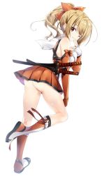 Rule 34 | 1girl, ass, back, bare shoulders, blonde hair, boots, bow, brown eyes, colored eyelashes, elbow gloves, female focus, fingerless gloves, from side, full body, gloves, hair bow, highres, isosaki iori (taimanin asagi battle arena), knee boots, kneepits, legs apart, lilith-soft, long hair, looking at viewer, looking back, microskirt, no panties, one eye closed, pleated skirt, ponytail, sakuranbo, scarf, sheath, sheathed, simple background, skirt, sleeveless, smile, solo, standing, standing on one leg, sword, taimanin (series), taimanin asagi kessen arena, wavy hair, weapon, white background, white scarf
