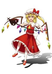 Rule 34 | 1girl, absurdres, ascot, blonde hair, buttons, crystal, fang, flandre scarlet, frills, hat, highres, laevatein (touhou), mary janes, medium hair, mob cap, one side up, puffy short sleeves, puffy sleeves, red eyes, red footwear, red skirt, red vest, shadow, shirt, shoes, short hair, short sleeves, simple background, skirt, smile, socks, solo, standing, touhou, vest, white background, white hat, white shirt, wings, yellow ascot, yosshy