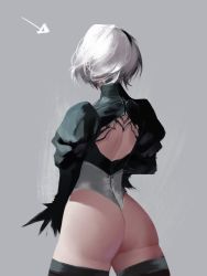 Rule 34 | 1girl, arrow (symbol), ass, back, backless outfit, black thighhighs, commentary, english commentary, facing away, from behind, hairband, juliet sleeves, leotard, less, long sleeves, nier (series), nier:automata, puffy sleeves, short hair, solo, thighhighs, white hair, white leotard, 2b (nier:automata)