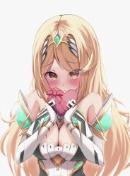 Rule 34 | 1girl, blonde hair, breasts, candy, chocolate, chocolate heart, cleavage, cleavage cutout, clothing cutout, food, heart, highres, large breasts, okazu2010015, simple background, solo, white background, xenoblade chronicles (series), xenoblade chronicles 2, yellow eyes