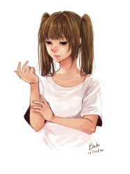 Rule 34 | 1girl, alternate hairstyle, arm up, bachi chan, brown hair, collarbone, dated, fingernails, lips, looking at hands, purple eyes, sayoko (song), shirt, signature, simple background, solo, t-shirt, twintails, upper body, white background, white shirt