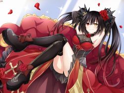 Rule 34 | 1girl, armpits, arms behind head, arms up, asymmetrical hair, black footwear, black hair, blush, boots, bow, breasts, brown bow, bustier, cleavage, closed eyes, collarbone, crossed legs, date a live, dutch angle, flower, footwear bow, full body, gradient hair, grey skirt, hair between eyes, hair flower, hair ornament, heterochromia, highres, lewdkuma, long hair, looking at viewer, medium breasts, miniskirt, multicolored hair, red eyes, red flower, red hair, red rose, rose, sitting, skirt, smile, smug, solo, thigh boots, thighhighs, tokisaki kurumi, twintails, very long hair, yellow eyes