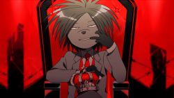 Rule 34 | 1boy, barbed wire, black gloves, blurry, blurry background, crown, unworn crown, formal, furry, furry male, gloves, holding, holding crown, id kaeta, king (vocaloid), long sleeves, looking at viewer, necktie, odd taxi, red necktie, sitting, solo, suit, throne, vocaloid, yano (odd taxi)