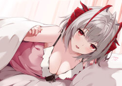 Rule 34 | 1girl, absurdres, ahoge, arknights, bed, bed sheet, blush, breasts, cleavage, dress, grey hair, highres, looking at viewer, medium breasts, medium hair, momosawa nao, nail polish, open mouth, pillow, pink dress, red eyes, red nails, sleepwear, solo, under covers, w (arknights)
