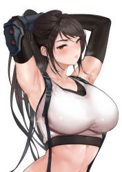 Rule 34 | 1girl, :/, absurdres, adjusting hair, alternate hairstyle, armpits, arms behind head, arms up, asymmetrical gloves, black gloves, black hair, blush, breasts, brown eyes, closed mouth, crop top, elbow gloves, final fantasy, final fantasy vii, gloves, highres, large breasts, long hair, looking at viewer, mute (mute89539160), navel, ponytail, presenting armpit, shirt, simple background, solo, sports bra, steam, steaming body, stretching, suspenders, sweat, tifa lockhart, uneven gloves, upper body, white background, white shirt