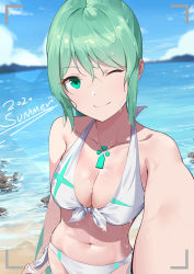 Rule 34 | 1girl, ;), absurdres, aqua eyes, aqua hair, arm at side, bare shoulders, bikini, blue sky, breasts, chest jewel, cleavage, closed mouth, collarbone, commentary, cowboy shot, day, english commentary, english text, evan (pixiv7510743), front-tie bikini top, front-tie top, gem, halterneck, highres, large breasts, looking at viewer, navel, neon trim, ocean, one eye closed, outdoors, outstretched arm, pneuma (xenoblade), revision, ribbon, rock, selfie, side-tie bikini bottom, sidelocks, sky, smile, solo, spoilers, stomach, swimsuit, viewfinder, water, white bikini, white ribbon, xenoblade chronicles (series), xenoblade chronicles 2