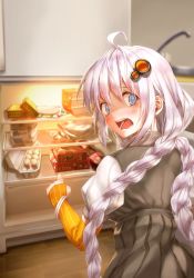 Rule 34 | 1girl, @ @, ahoge, black dress, blue eyes, blush, box, bracelet, braid, coca-cola, commentary, dress, egg (food), egg carton, elbow gloves, fingerless gloves, food, from behind, furrowed brow, gloves, grey hair, hair ornament, highres, indoors, jewelry, kizuna akari, long hair, looking at viewer, open mouth, orange gloves, refrigerator, refrigerator interior, rel illustrator, short sleeves, soda bottle, solo, surprised, tearing up, twin braids, very long hair, vocaloid, voiceroid