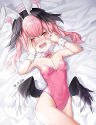 Rule 34 | 1girl, @ @, absurdres, animal ears, armpits, azema, bare arms, bare shoulders, black hat, black wings, blue archive, blush, bow, bowtie, breasts, dated, detached collar, embarrassed, fake animal ears, full-face blush, groin, halo, hands on own face, hat, head wings, highleg, highleg leotard, highres, koharu (blue archive), leotard, long hair, low wings, lying, on back, open mouth, pink bow, pink bowtie, pink eyes, pink hair, pink leotard, playboy bunny, rabbit ears, raised eyebrows, small breasts, solo, strapless, strapless leotard, tearing up, thighs, twintails, wavy mouth, white wrist cuffs, wings, wrist cuffs