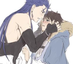 Rule 34 | 2boys, bad id, bad twitter id, bare shoulders, black gloves, blue eyes, blue hair, blush, brown hair, clenched teeth, commentary request, crying, crying with eyes open, cu chulainn (caster) (fate), cu chulainn (fate), cu chulainn (fate/stay night), earrings, elbow gloves, eye contact, fate/grand order, fate (series), fingerless gloves, from side, fujimaru ritsuka (male), fur trim, gloves, highres, jewelry, long hair, looking at another, male focus, mondi hl, multiple boys, short hair, simple background, tears, teeth, translation request, white background, yaoi