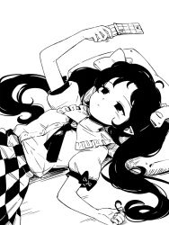 Rule 34 | 1girl, :|, ahoge, arm up, bed sheet, blush, bow, cellphone, checkered clothes, checkered skirt, closed mouth, collared shirt, commentary request, dutch angle, expressionless, flip phone, frilled shirt collar, frills, from side, greyscale, hair bow, hair spread out, twirling hair, half-closed eyes, hand up, hatching (texture), heart, himekaidou hatate, holding, holding phone, indoors, linear hatching, long hair, looking at phone, looking away, looking up, loose necktie, lying, maguro (mawaru sushi), monochrome, motion lines, necktie, no headwear, on back, phone, playing with own hair, pleated skirt, pointy ears, puffy short sleeves, puffy sleeves, shirt, shirt tucked in, short sleeves, skirt, sleeve bow, solo, touhou, twintails, upper body, white background, wing collar