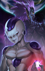 Rule 34 | 2boys, alien, back-to-back, bald, black skin, cabalfan, character name, closed mouth, collarbone, colored skin, crossover, cyclops, dragon ball, dragonball z, earrings, earth (planet), energy, evil smile, frieza, hand up, height difference, highres, jewelry, long hair, looking at viewer, looking back, lord boros, male focus, multicolored skin, multiple boys, muscular, muscular male, one-eyed, one-punch man, planet, pointy ears, purple hair, purple skin, red eyes, serious, slit pupils, smile, smirk, space, spiked hair, spikes, trait connection, upper body, white skin, yellow eyes