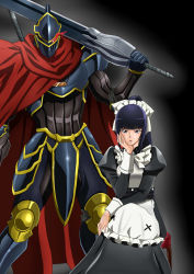 Rule 34 | 1boy, 1girl, absurdres, armor, artist request, black background, black hair, blush, cape, cowboy shot, full armor, glowing, glowing eye, helmet, highres, holding, holding weapon, horns, looking at viewer, maid, momon (overlord), narberal gamma, overlord (maruyama), parted lips, red cape, red eyes, simple background, sitting, standing, sword, weapon