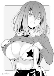 Rule 34 | 1girl, bikini, breasts, fang, grey background, greyscale, hair between eyes, highres, kichihachi, large breasts, lifted by self, looking at viewer, monochrome, navel, open mouth, original, shirt, short hair, simple background, solo, star (symbol), swimsuit, twitter username, two-tone background, white background