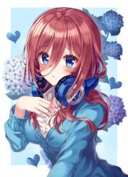 Rule 34 | 1girl, bad id, bad pixiv id, blue background, blue cardigan, blue eyes, blue flower, blush, breasts, brown hair, cardigan, collared shirt, commentary, dress shirt, ecu8080, fingernails, floral background, flower, go-toubun no hanayome, hair between eyes, hand up, headphones, headphones around neck, heart, highres, hydrangea, long hair, long sleeves, looking at viewer, medium breasts, nakano miku, outside border, parted lips, purple flower, revision, shirt, solo, two-tone background, upper body, white background, white shirt