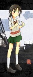 Rule 34 | 1girl, bow, bowtie, brown eyes, brown hair, coppelion, full body, glasses, green skirt, holding, holding removed eyewear, kneehighs, lagado, loafers, looking at viewer, miniskirt, nomura taeko, pleated skirt, shoes, short ponytail, skirt, sleeves rolled up, socks, solo, standing, striped bow, striped bowtie, striped clothes, striped neckwear, sweater vest, unworn eyewear, white socks