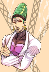Rule 34 | 1boy, bad id, bad pixiv id, beehive hairdo, crossed arms, earrings, facial mark, giga omega, green hair, headband, jewelry, jojo no kimyou na bouken, male focus, red eyes, solo, stardust crusaders, tattoo, terence t. d&#039;arby