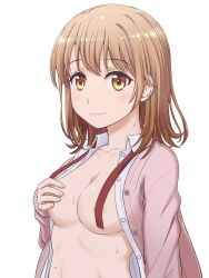 Rule 34 | 10s, 1girl, breasts, brown eyes, brown hair, cleavage, collarbone, covering privates, covering breasts, covering nipples, highres, inanaki shiki, isshiki iroha, looking at viewer, no bra, open clothes, open shirt, school uniform, shirt, short hair, simple background, small breasts, smile, solo, sweat, upper body, yahari ore no seishun lovecome wa machigatteiru.