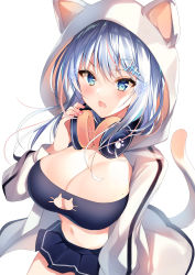 Rule 34 | 1girl, absurdres, animal ears, bandeau, blue eyes, blue skirt, breasts, cat cutout, cat ears, cat tail, cleavage, cleavage cutout, clothing cutout, fake animal ears, fang, hair ornament, hand up, headphones, headphones around neck, highres, hood, hooded jacket, jacket, large breasts, long sleeves, looking at viewer, medium hair, midriff, miniskirt, navel, nenobi (nenorium), open clothes, open jacket, open mouth, original, pleated skirt, silver hair, simple background, skirt, solo, stomach, tail, v-shaped eyebrows, white background, white jacket
