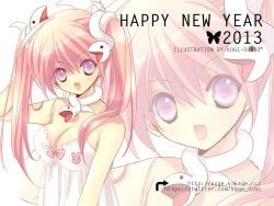 Rule 34 | 10s, 1girl, 2013, artist name, bad id, bad pixiv id, bare shoulders, breasts, cleavage, dress, hair ornament, hand on own head, happy new year, highres, koge donbo, long hair, looking at viewer, new year, original, pink hair, purple eyes, snake hair ornament, solo, twintails, watermark, web address, white dress, zoom layer