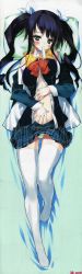 Rule 34 | 1girl, absurdres, black hair, breasts, clothes lift, copyright request, dakimakura (medium), food, full body, green eyes, green panties, hair intakes, highres, huge filesize, medium breasts, mouth hold, navel, open clothes, open shirt, panties, popsicle, shirt, skirt, skirt lift, solo, thighhighs, twintails, underboob, underwear, urotan, white thighhighs