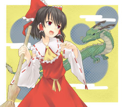 Rule 34 | 1girl, arm up, ascot, bamboo broom, belt, black hair, bow, broom, cloud, detached sleeves, dragon, eastern dragon, egasumi, female focus, gradient eyes, hair bow, hair tubes, hakurei reimu, highres, japanese clothes, looking away, miko, miyo (ranthath), multicolored eyes, open mouth, seigaiha, skirt, solo, touhou, vest, yellow background