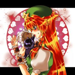 Rule 34 | 1boy, 1girl, blue eyes, bow, braid, chibi, crossover, discharge cycle, hair bow, hat, hetero, hong meiling, krizalid, letterboxed, long hair, m.u.g.e.n, mini person, miniboy, red hair, snk, sweatdrop, the king of fighters, tobi (discharge cycle), touhou, twin braids