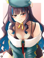 Rule 34 | 1girl, absurdres, beret, black hair, blue hair, breasts, buttons, cleavage, colored inner hair, dantonphanton, double-breasted, fate/grand order, fate (series), green hat, green jacket, grey eyes, hat, highres, jacket, jewelry, long hair, looking at viewer, multicolored hair, neck ring, o-ring, smile, solo, tenochtitlan (fate), tenochtitlan (second ascension) (fate), two-tone hair, wavy hair, zipper