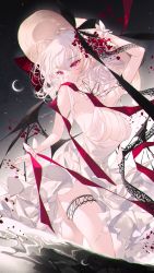 Rule 34 | 1girl, alternate costume, arm up, bat wings, blood, breasts, cleavage, covered mouth, crescent moon, dress, feet out of frame, floating hair, grey hair, hat, highres, large breasts, long hair, looking to the side, majamari, moon, pink eyes, red ribbon, remilia scarlet, revealing clothes, ribbon, solo, sun hat, thigh strap, touhou, white dress, wings