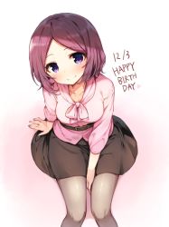 Rule 34 | 10s, 1girl, bad id, bad pixiv id, belt, between legs, black pantyhose, black shirt, blouse, blush, breasts, closed mouth, collarbone, english text, from above, hand between legs, happy birthday, head tilt, heart, looking at viewer, looking up, medium breasts, new game!, pantyhose, parted bangs, pink shirt, purple eyes, purple hair, shirt, shnva, sitting, smile, solo, tooyama rin, white background