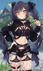 Rule 34 | 1girl, absurdres, alternate costume, aqua eyes, black shirt, black shorts, blurry, blurry background, blush, breasts, choker, clothing cutout, cowboy shot, cropped hoodie, drawstring, earrings, fishnet legwear, fishnets, genshin impact, goth fashion, hair ornament, hand on own hip, heart o-ring, highres, hood, hoodie, jewelry, long hair, looking at viewer, mismatched earrings, mona (genshin impact), multiple earrings, multiple rings, navel, navel piercing, outdoors, parted lips, piercing, ring, shirt, shorts, small breasts, solo, spiked choker, spikes, standing, stomach, thigh strap, torn clothes, torn shorts, twintails, v-shaped eyebrows, very long hair, vitaminechan, x hair ornament