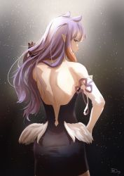 Rule 34 | 1girl, ass, back, back focus, backless dress, backless outfit, dress, flipped hair, from behind, hand on own hip, highres, hololive, hololive english, long hair, looking back, ninomae ina&#039;nis, purple hair, signature, simple background, takomonty, very long hair, virtual youtuber, wings