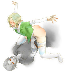 Rule 34 | 2boys, blonde hair, dark link, earrings, jewelry, link, lowres, multiple boys, nintendo, open mouth, pointy ears, simple background, the legend of zelda, torn clothes, white background, yaoi