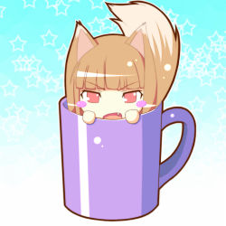 Rule 34 | animal ears, brown hair, cup, fang, holo, mug, spice and wolf, tail