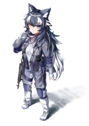 Rule 34 | 1girl, ak-12, alternate costume, animal ears, assault rifle, blue eyes, boy (pixiv17542438), breasts, fingerless gloves, full body, gloves, grey wolf (kemono friends), gun, heterochromia, kalashnikov rifle, kemono friends, large breasts, long hair, looking at viewer, looking up, multicolored hair, simple background, solo, standing, tail, two-tone hair, weapon, white background, wolf ears, wolf girl, wolf tail, yellow eyes