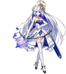 Rule 34 | 1girl, ark order, arrow (projectile), artemis (ark order), artist request, blue bow, blue footwear, blue leotard, bow, bow (weapon), breasts, closed mouth, crescent, crescent hair ornament, detached collar, drawing bow, fire, footwear bow, frilled skirt, frills, full body, gloves, hair ornament, high heels, holding, holding arrow, holding bow (weapon), holding weapon, lace, lace-trimmed legwear, lace trim, laurel crown, leotard, long hair, looking at viewer, medium breasts, official art, quiver, skirt, smile, solo, standing, tachi-e, thighhighs, transparent background, variant set, very long hair, weapon, white gloves, white hair, white skirt, white thighhighs