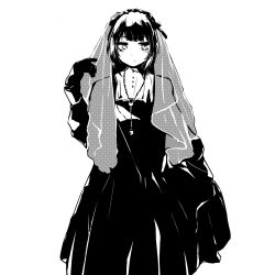 1boy commentary crossdressing dress english_commentary expressionless gloves gothic_lolita greyscale hairband heretic_canopus highres jewelry lolita_fashion lolita_hairband long_hair looking_to_the_side male_focus monochrome necklace nougat_(no_9ada) shutokou_battle shutokou_battle_(2025) simple_background solo trap veil white_background