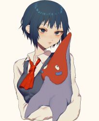 Rule 34 | 1girl, anago (tokyo retro gokko), blue eyes, blue hair, blue vest, blush, bob cut, breasts, carrying, closed mouth, commentary, cropped torso, dress shirt, ein sof, expressionless, eyelashes, lips, long sleeves, looking ahead, looking to the side, medium breasts, narutaru, neckerchief, nose blush, red neckerchief, sakura akira, school uniform, shirt, short hair, simple background, solo, upper body, upturned eyes, very short hair, vest, white background, white shirt