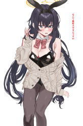 Rule 34 | 1girl, animal ears, bare shoulders, black hair, black hairband, black leotard, blue archive, blue eyes, bow, breasts, brown jacket, brown pantyhose, cleavage, collar, collarbone, commentary request, detached collar, fake animal ears, feet out of frame, hair between eyes, hairband, halo, highres, jacket, leotard, long hair, long sleeves, looking at viewer, medium breasts, off shoulder, pantyhose, parted lips, rabbit ears, red bow, sleeves past wrists, solo, strapless, strapless leotard, subachi, translated, ui (blue archive), very long hair, wavy mouth, white collar, wing collar