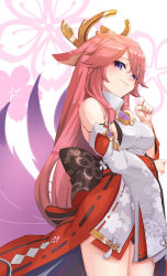 Rule 34 | 1girl, absurdres, animal ears, bare shoulders, breasts, cream bread, floral background, fox ears, genshin impact, highres, japanese clothes, long hair, looking at viewer, miko, multiple girls, pink hair, pink skirt, purple eyes, sideboob, skirt, smile, solo, thighhighs, white sleeves, white thighhighs, yae miko
