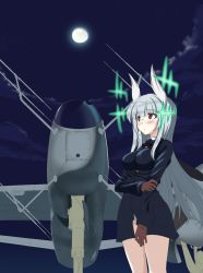Rule 34 | 1girl, a9b (louis814), absurdres, aircraft, airplane, blush, breasts, glasses, head wings, heidimarie w. schnaufer, highres, large breasts, long hair, military, military uniform, moon, night, open mouth, outdoors, panties, red eyes, solo, underwear, uniform, white hair, white panties, wing ears, wings, world witches series