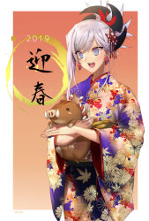 Rule 34 | 1girl, 2019, animal, artist name, asymmetrical bangs, commentary request, fate/grand order, fate (series), floral print, flower, gradient background, grey eyes, hair between eyes, hair flower, hair ornament, hair up, highres, holding, holding animal, japanese clothes, kimono, long sleeves, miyamoto musashi (fate), non (nonzile), obi, open mouth, pig, pink hair, purple kimono, ringed eyes, sash, smile, translation request, tusks, wide sleeves