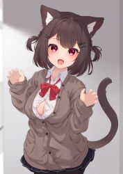 Rule 34 | 1girl, absurdres, animal ears, bow, bowtie, breasts, brown cardigan, brown hair, cardigan, cat day, cat ears, cat girl, cat tail, cleavage, cleavage cutout, clothing cutout, hair ornament, hairclip, highres, hinata (user rjkt4745), looking at viewer, medium breasts, original, pantyhose, red bow, red bowtie, red eyes, shirt, short hair, solo, tail, two side up, white shirt
