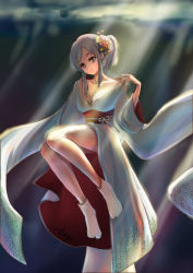 Rule 34 | 1girl, bare legs, breasts, cleavage, collarbone, flower, grey hair, hair flower, hair ornament, hand on own shoulder, japanese clothes, kaga (warship girls r), knees together feet apart, light particles, light rays, light smile, long sleeves, looking at viewer, obi, off shoulder, sash, solo, tabi, timigo, warship girls r, white legwear, yellow eyes