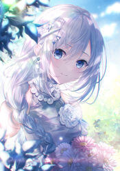 Rule 34 | 1girl, asaya-bigun, bare shoulders, bead necklace, beads, blue eyes, blue sky, blurry, blurry foreground, blush, bouquet, braid, braided ponytail, closed mouth, cloud, corsage, day, dot nose, earrings, flower, grey shirt, hair beads, hair between eyes, hair ornament, head tilt, highres, holding, holding bouquet, jewelry, long hair, looking at viewer, necklace, official alternate costume, official alternate hair length, official alternate hairstyle, outdoors, pearl earrings, pink flower, project sekai, raised eyebrows, shirt, sidelocks, sky, sleeveless, sleeveless shirt, smile, solo, tonari ni tatsu yasashii anata e (project sekai), twitter username, watermark, white flower, white hair, yoisaki kanade
