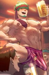 Rule 34 | 3boys, abs, bara, beer mug, bulge, commission, cup, erection, erection under clothes, fire emblem, fire emblem: the blazing blade, green hair, hair between eyes, headband, holding, indoors, large pectorals, lowen (fire emblem), male focus, male underwear, mature male, mug, multiple boys, muscular, muscular male, navel, nintendo, nipples, open mouth, pectorals, pink male underwear, red headband, short hair, smile, underwear, zink (zink mchn)
