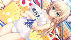 Rule 34 | 1girl, aqua eyes, arms under breasts, bare shoulders, blonde hair, blush, bow, breast hold, breasts, covered erect nipples, female focus, game cg, large breasts, long hair, love of ren&#039;ai koutei of love!, ootori erika, oozora itsuki, ribbon, school swimsuit, solo, standing, swimsuit